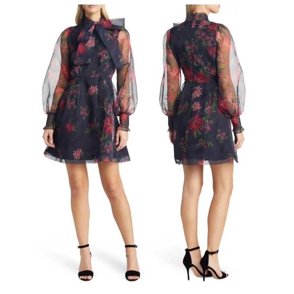 RACHEL PARCELL Floral Tie Neck Long Sleeve Satin Dress (10)